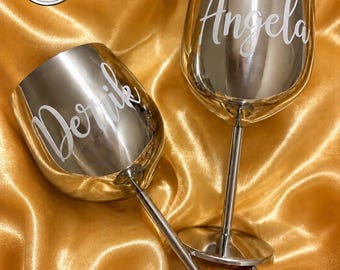 Silver Wine Goblet/Stainless Steel Glass/Personalized Bridesmaid Gift Couples, Unbreakable Stemware, Christmas Dinner Decoration/Honeymoon