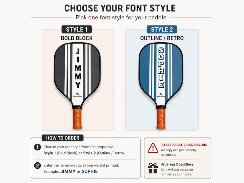 Peut inclure: Deux raquettes de pickleball avec des poign&eacute;es orange. Le style 1 est noir avec des rayures blanches et le nom JIMMY en lettres grasses. Le style 2 est bleu avec des rayures blanches et le nom SOPHIE en lettres r&eacute;tro. Texte CHOOSE YOUR FONT STYLE.