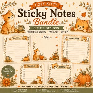 Könnte beinhalten: Ein digitales Haftnotiz-Bundle mit einem gemütlichen Katzen-Thema. Das Design umfasst fünf niedliche Vorlagen für Erinnerungen, Notizen, Einkaufslisten, Checklisten und wichtige Notizen. Das Bild zeigt orangefarbene Katzen, Kürbisse und Herbstlaub.
