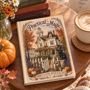 May include: A hardcover book titled Practical Magic with a cream-colored cover featuring an illustration of a white Victorian house, a black cat wearing a purple witch hat, pumpkins, and flowers. The text reads The Owens House Est. 1998.