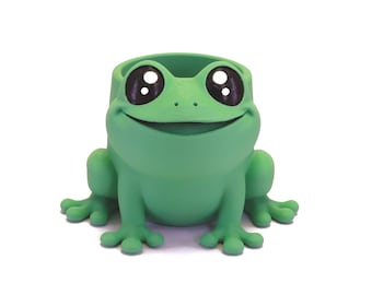 Drukowany w 3D uchwyt na długopis w kształcie żaby – ręcznie malowane oczy, organizer na biurko | Froggie