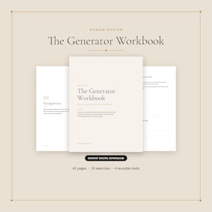 May include: The Generator Workbook is a 41-page digital document featuring 10 exercises and 4 reusable tools. The cover displays the title in black serif font on a cream background, with interior pages showing text sections titled Recognition.