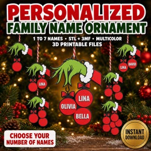 May include: A set of 3D printable digital files for a personalized family name ornament featuring a green hand with white fur cuffs holding red circular baubles. Each bauble displays a white name. The text reads Personalized Family Name Ornament.