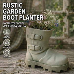May include: A light green boot-shaped planter with two buckle straps on the shaft and a thick lug sole. The text RUSTIC GARDEN BOOT PLANTER, COTTAGECORE DESIGN, 3D PRINTABLE STL FILE, INSTANT DOWNLOAD, RUSTIC DESIGN, and EASY TO PRINT is visible.