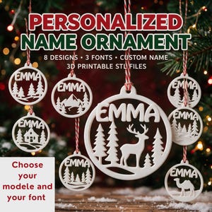Puede incluir: Una colección de adornos circulares blancos con el nombre EMMA y varios diseños recortados que incluyen un ciervo, árboles, una casa y un camello. El texto dice PERSONALIZED NAME ORNAMENT, 8 DESIGNS, 3 FONTS, CUSTOM NAME, 3D PRINTABLE STL FILES.