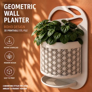 May include: A white wall-mounted planter featuring a cylindrical pot with a geometric star pattern and a flat base tray. The text GEOMETRIC WALL PLANTER, BOHO DESIGN, 3D PRINTABLE STL FILE, INSTANT DOWNLOAD, MODERN DESIGN, EASY TO PRINT is visible.