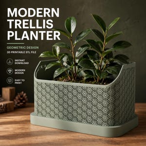 May include: A sage green rectangular planter with a geometric lattice pattern and a matching base tray. The planter contains a green leafy plant. Text on the image reads: MODERN TRELLIS PLANTER, GEOMETRIC DESIGN, 3D PRINTABLE STL FILE, INSTANT DOWNLOAD, MODERN DESIGN, EASY TO PRINT.