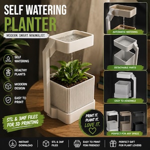 Pode incluir: Um vaso de autoirrigação branco com um braço de suporte vertical e um reservatório de água superior que goteja para um vaso quadrado canelado contendo uma planta verde. A imagem inclui etiquetas de texto como SELF WATERING PLANTER e STL & 3MF FILES FOR 3D PRINTING.