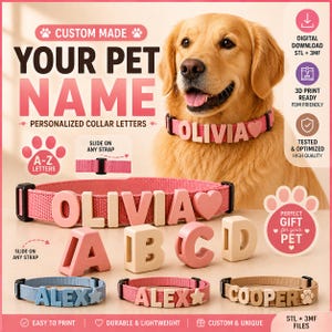 May include: A golden retriever wears a pink collar with the name OLIVIA in block letters. Below, a pink collar displays OLIVIA, with additional A, B, C, D letters. Other collars show ALEX in blue, ALEX in pink, and COOPER in tan with a paw print.