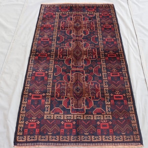 4x7ft Hand Knotted Baluchi Style Rug|  Vintage Geometric Tribal Rug| Rust Red Afghan Home Decor Rug| (3.57x6.56ft Rug)