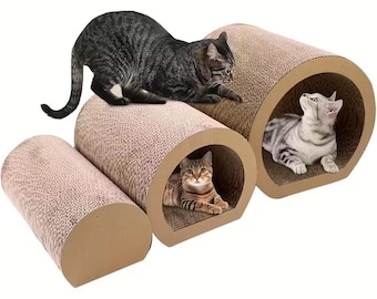 3-in-1 Cat Tunnel Scratcher Bed, Corrugated Cardboard Furniture Protector for Indoor Cats