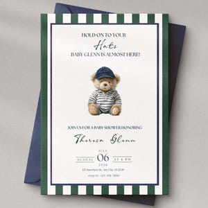 Editable Teddy Bear Baby Shower Invitation, Polo Bear Luxury Invite,  Hold on To Your Hats Baby Sprinkle, Country Club Navy Green, p101