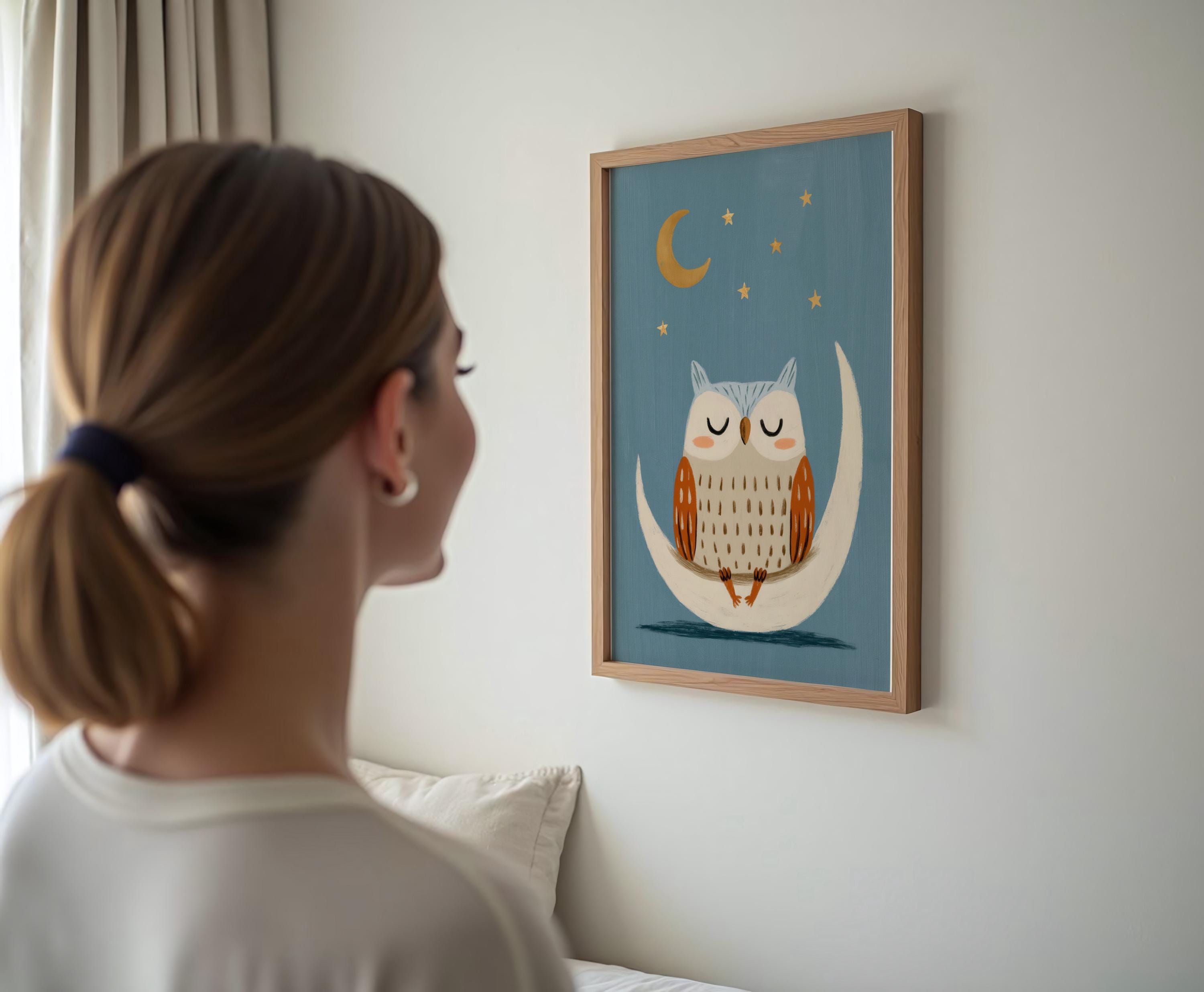 Sleepy Owl Moon Nursery Print | Dreamy Night Sky Art (Digital Download)