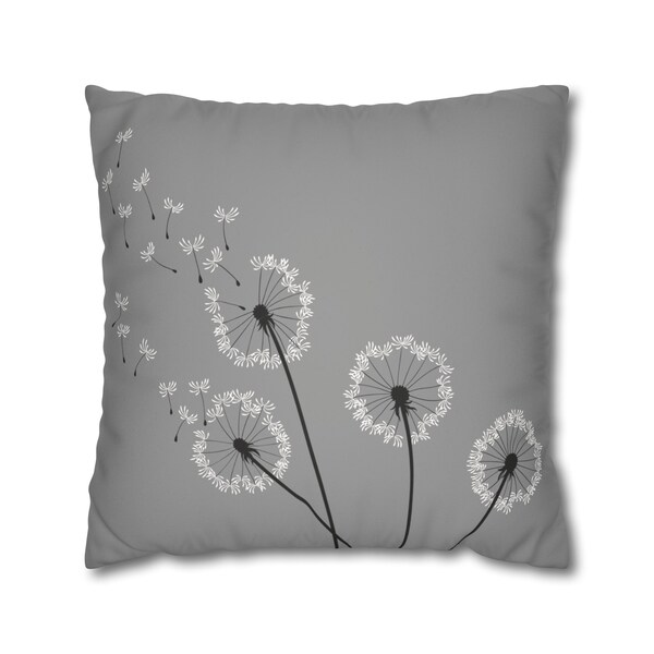Dandelions faux suede grey square pillow cover 14" 16" 18" 20" nature plants wildflowers mother's day