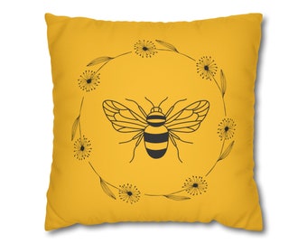 Bee flowers faux suede yellow square pillow cover floral garden wildflower mother's day gift summer sofa pillow spring home summer decor