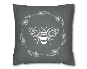 Bee flowers faux suede gray square pillow cover floral garden wildflower mother's day gift summer sofa pillow spring home summer decor