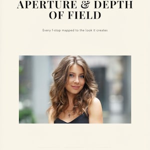 May include: A cream-colored graphic with the text "APERTURE & DEPTH OF FIELD" and "Every f-stop mapped to the look it creates." A portrait of a woman with long brown hair is in the center. The studio name "Tab & Tally Studio" is at the bottom.