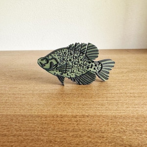 May include: A detailed, green and black fish-shaped object. The fish has a textured pattern and is positioned on a wooden surface. The object appears to be a decorative item or a puzzle piece, showcasing a unique design.