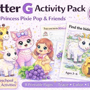 May include: An educational activity pack for children aged 3-6, focused on the letter "G". The image shows a giraffe, a cat, a girl, and a goat. The pack includes printable pages for tracing, colouring, and learning. The text reads "Letter G Activity Pack".