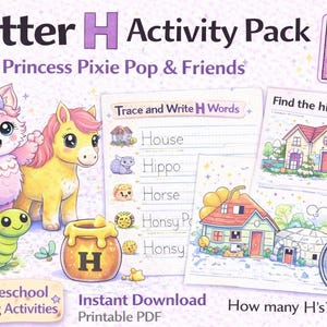 Paquete de actividades con la letra H con la princesa Pixie Pop y sus amigos.