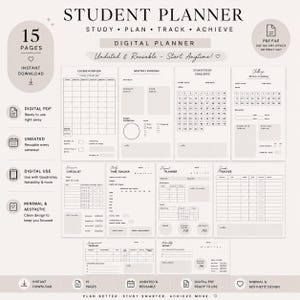 Könnte beinhalten: Ein digitaler Studentenplaner mit 15 Seiten, der einen Kursüberblick, monatliche Ausgaben, eine 75-Tage-Lernherausforderung, eine Revisionscheckliste, einen Zeitplaner, einen Projektplaner, einen Notentracker und eine monatliche Zusammenfassung enthält.