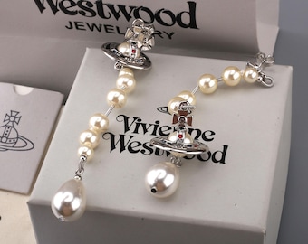 In Box Vivienne Pearl Earrings,Silver CZ Saturn Drop,Gift for Her.