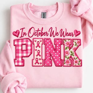 Roze Oktober Borstkankerbewustzijnsshirt Ontwerp, Nep Borduurwerk PNG (Digitale Download)