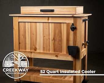 May include: A wooden cooler with a 52-quart capacity, featuring a light brown finish. It has a lid, a bottle opener, and a spigot. The cooler is on wheels and includes the text "52 Quart Insulated Cooler".