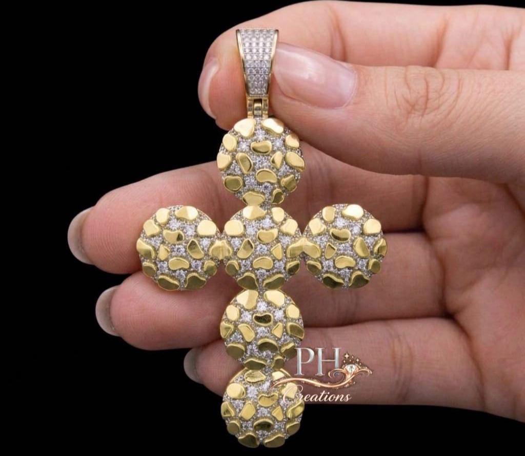 Iced Out Nugget Cross Pendant • 14K Gold Plated Sterling Silver ...