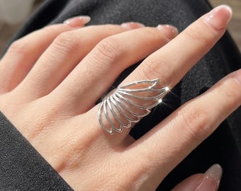 Angel Wing Ring, Silver Openwork Statement Ring for Women, Adjustable Lotus Petal Ring, Boho Cocktail Ring, Wing Jewelry Gift for Her