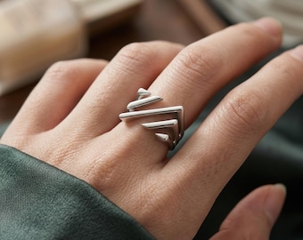 Sterling Silver Statement Ring, Chunky Irregular Organic Band for Women, 925 Adjustable Cocktail Ring, Hypoallergenic Gift for Her