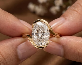 2.5 Oval Moissanite Wedding Engagement Ring Half Bezel Ring 14K Yellow Gold Bridal Ring Anniversary Gift for Her Women Promise Ring