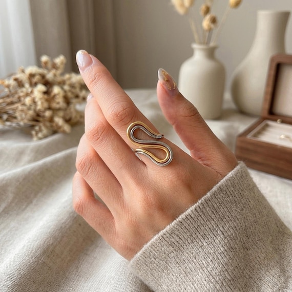 Chunky Two Tone Ring, Gold Silver Swirl Statement Ring for Women, Mixed Metal Open Wave Ring, Waterproof Adjustable, Gift for Her