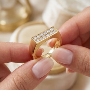 Iced Out Ring for Men, Gold CZ Hip Hop Statement Ring, 14k Gold Plated Pave Band, Unisex Bling Cocktail Ring, Rapper Gift for Him