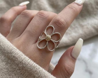 Daisy Sterling Silver Adjustable Ring: Indie Flower Statement Ring