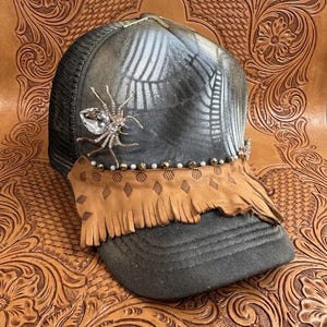 Custom Tooled Leather Hat, Western Trucker Hat with Spider Pin, Boho Fringe Baseball Cap, Cowgirl Gift for Her, Handmade Festival Headwear