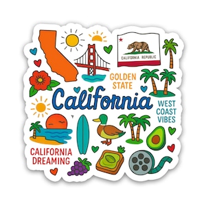 Peut inclure: Un autocollant coloré avec des illustrations sur le thème de la Californie. Comprend le contour de l'État, le Golden Gate Bridge, des palmiers, une planche de surf, des toasts à l'avocat et les mots "California" et "West Coast Vibes".