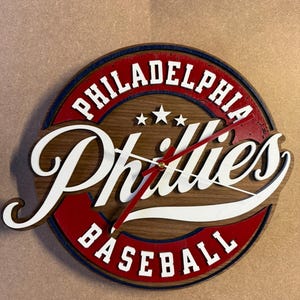 Phillies Baseball Precision Laser Cut and Hand Painted 10.5 inch Wall Clock 10.5- inch Hand Made