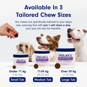 Op de afbeelding: Een advertentie voor PetLabCo Immune Probiotic kauwsnacks voor honden. De afbeelding toont drie verschillende maten potten met kauwsnacks, met de labels "Small Tub", "Medium Tub" en "Large Tub". De tekst vermeldt dat de kauwsnacks zijn afgestemd op de grootte van de hond.