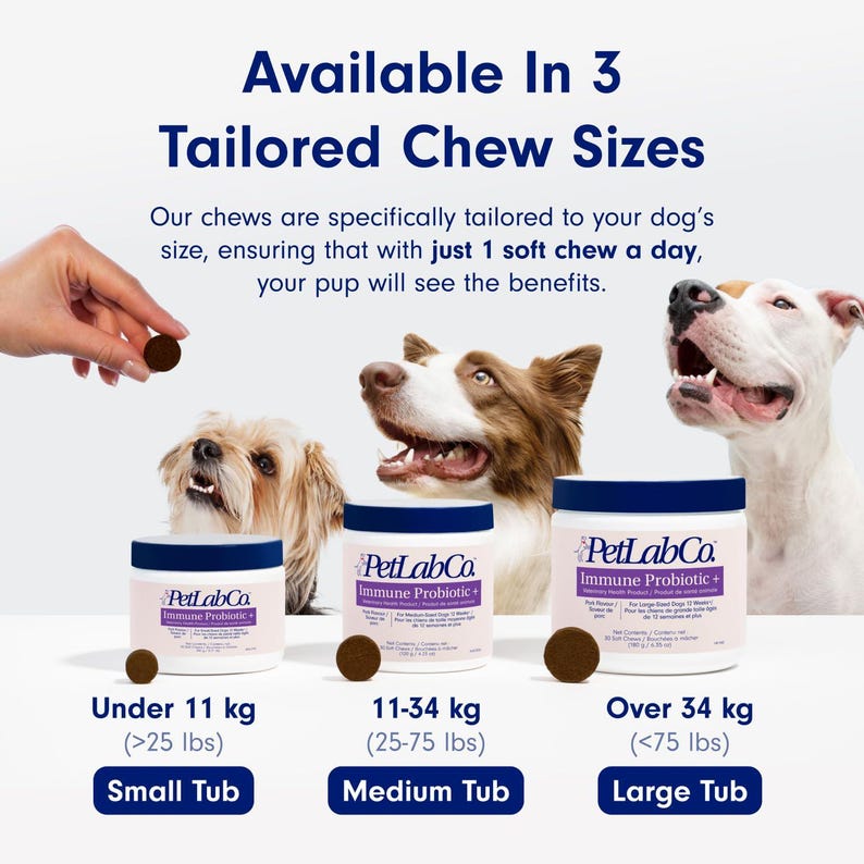 Op de afbeelding: Een advertentie voor PetLabCo Immune Probiotic kauwsnacks voor honden. De afbeelding toont drie verschillende maten potten met kauwsnacks, met de labels "Small Tub", "Medium Tub" en "Large Tub". De tekst vermeldt dat de kauwsnacks zijn afgestemd op de grootte van de hond.