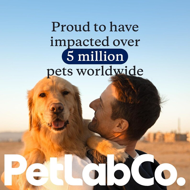 Op de afbeelding: Een man houdt een golden retriever vast, met de tekst "Trots om meer dan 5 miljoen huisdieren wereldwijd te hebben be&iuml;nvloed". Het PetLabCo-logo staat onderaan. De achtergrond is een verloop van blauw en bruin.