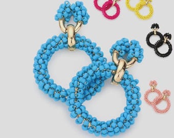 Hoop Circle Disc Seed Bead Drop Statement Long Strand Pierced Post Earrings