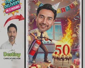 Idea de regalo para el 50 cumpleaños: Retrato caricaturesco divertido y personalizado para amigos y familiares.