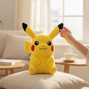 Puede incluir: Un peluche de Pikachu amarillo con orejas con puntas negras, círculos rojos en las mejillas y una cara sonriente. El peluche está sentado en una almohada blanca. El juguete es un personaje popular de la franquicia Pokemon.