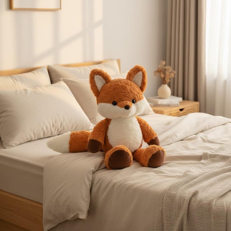 Puede incluir: Un peluche de zorro con pelaje naranja, blanco y marr&oacute;n est&aacute; sentado en una cama. El zorro tiene el pecho y la punta de la cola blancos, con patas marrones y una nariz negra. La ropa de cama es de color neutro, creando un ambiente c&aacute;lido.