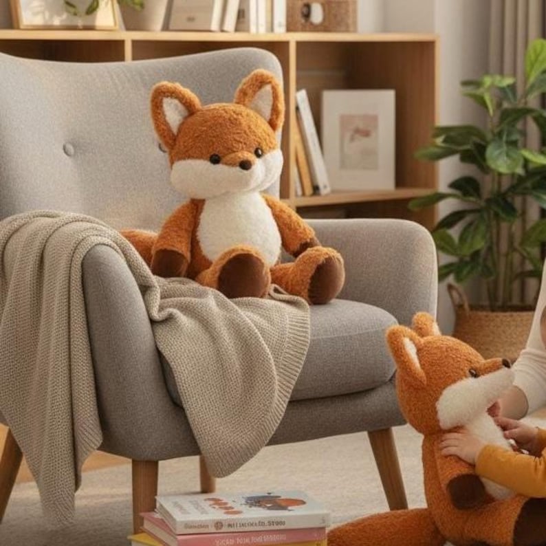 Puede incluir: Un peluche de zorro naranja y blanco est&aacute; sentado en un sill&oacute;n gris con una manta beige. El zorro tiene patas y orejas marrones. Una persona sostiene un segundo juguete de zorro. Hay libros apilados en el suelo.