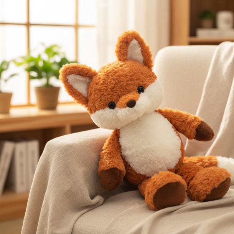 Puede incluir: Un peluche de zorro con pelaje naranja y blanco, detalles marrones y ojos negros. El animal de peluche est&aacute; sobre una manta beige sobre una silla. El zorro tiene orejas grandes y una cola esponjosa.