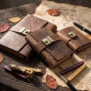 May include: Three brown leather journals with embossed floral patterns and brass-toned metal latches. The journals are arranged on a vintage-style map alongside a black fountain pen, a brass wax seal stamp, and two wax sticks in burgundy and gold.