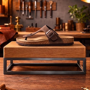 May include: A brown leather thong sandal with a buckle, displayed on a wooden stand with a metal frame. The sandal has a cork footbed and a classic design. The background suggests a workshop environment with tools.