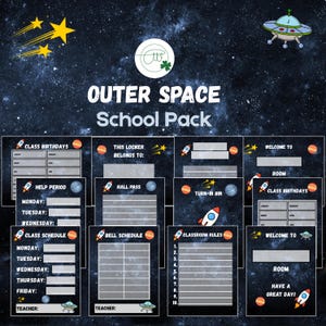 May include: An "Outer Space School Pack" with a starry background. The pack includes various printable templates like class schedules, hall passes, and classroom rules, all featuring space-themed illustrations such as rockets, planets, and UFOs.